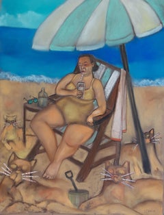 Gato de arena Dama representación humorística de una mujer sentada en la playa con una escultura de arena