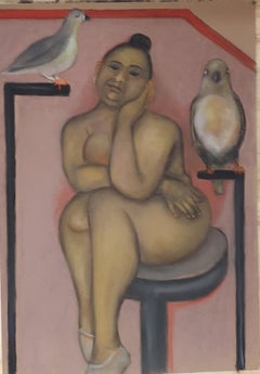 Hex Key Nude  seated female figure with birds perched on large shaped hex keys