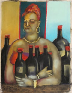 The Wine Merchant female figure with large black wine bottles vibrant color