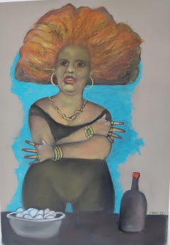 The Alchemist.  Thee quarter length female figure with fiery red hair
