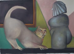 Le curieux chat curieux Feline avec sculpture en pierre  couleur douce et mélangée