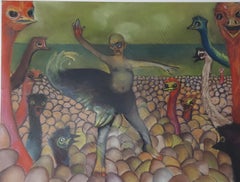 El Granjero de Huevos mitad hombre/ostrich caminando sobre huevos por un mar oscuro tintes humorísticos