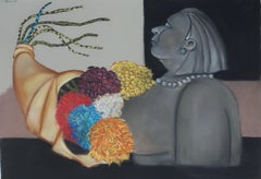 Silent Fragrance  female bust sculpture assorted chrysanthemum flower bouquet.