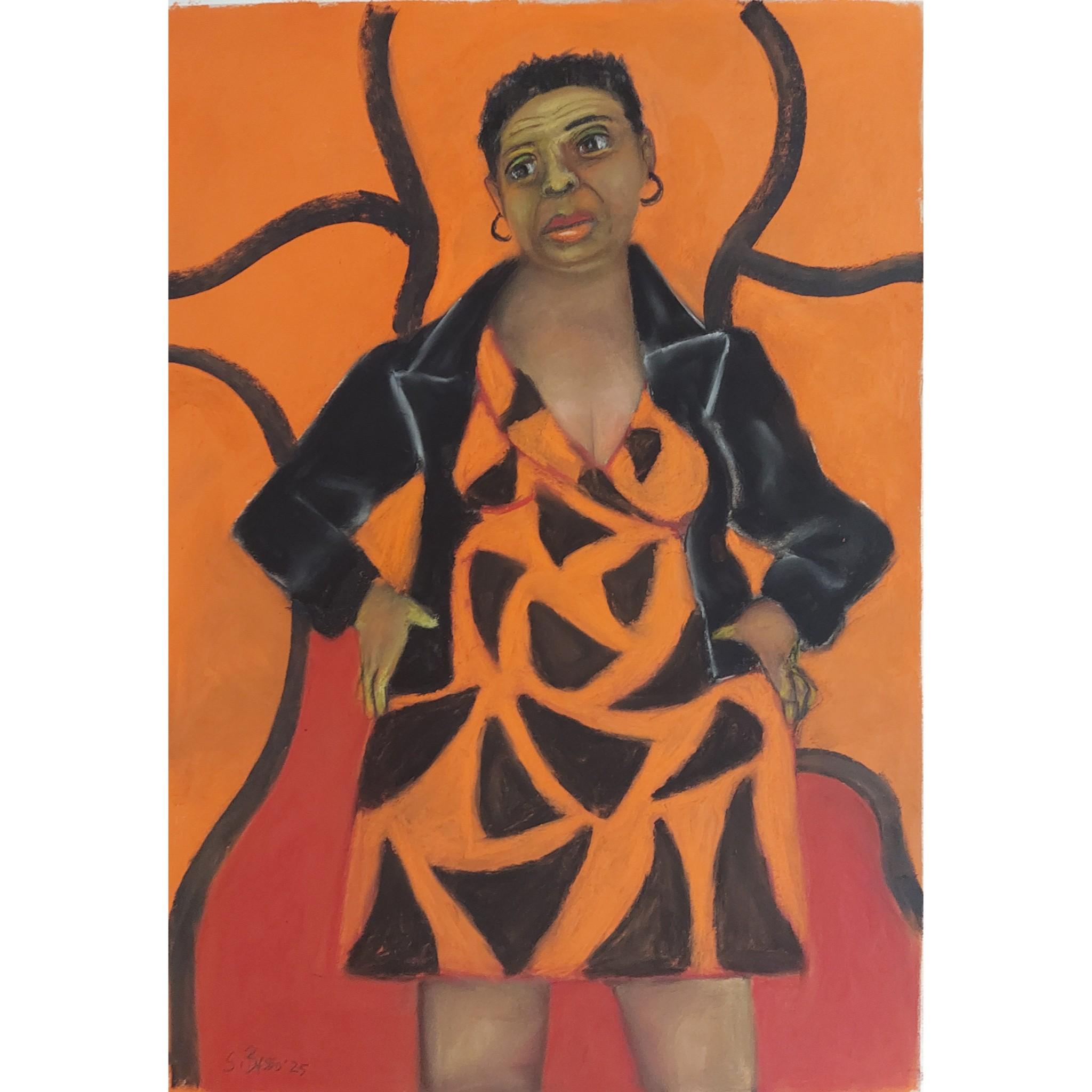 Stephen Basso Figurative Art - Patterns female figure pattern dress strong red-orange and black colors
