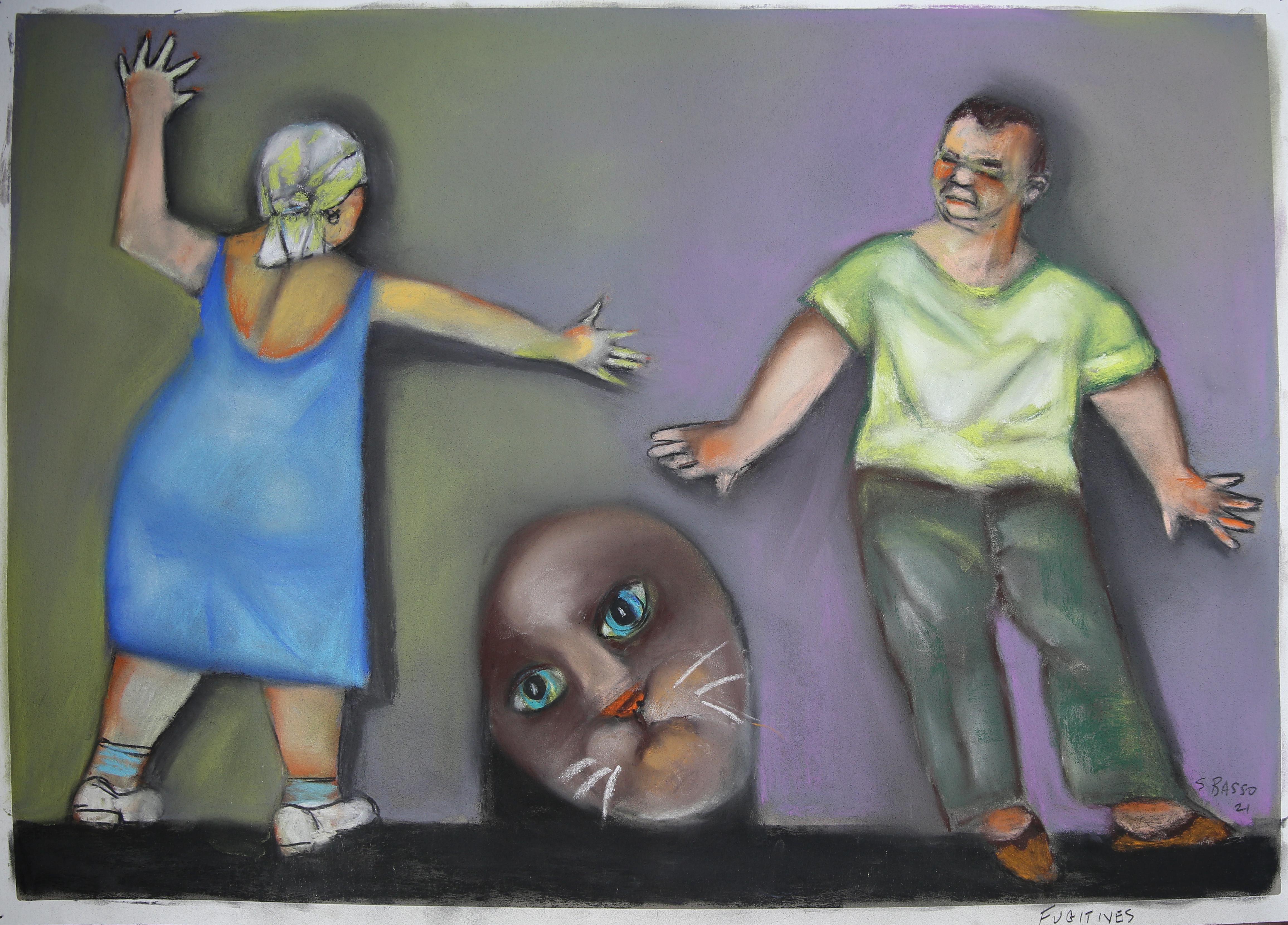 Stephen Basso Interior Art - Fugitives soft pastel color human condition human and animal interactions 