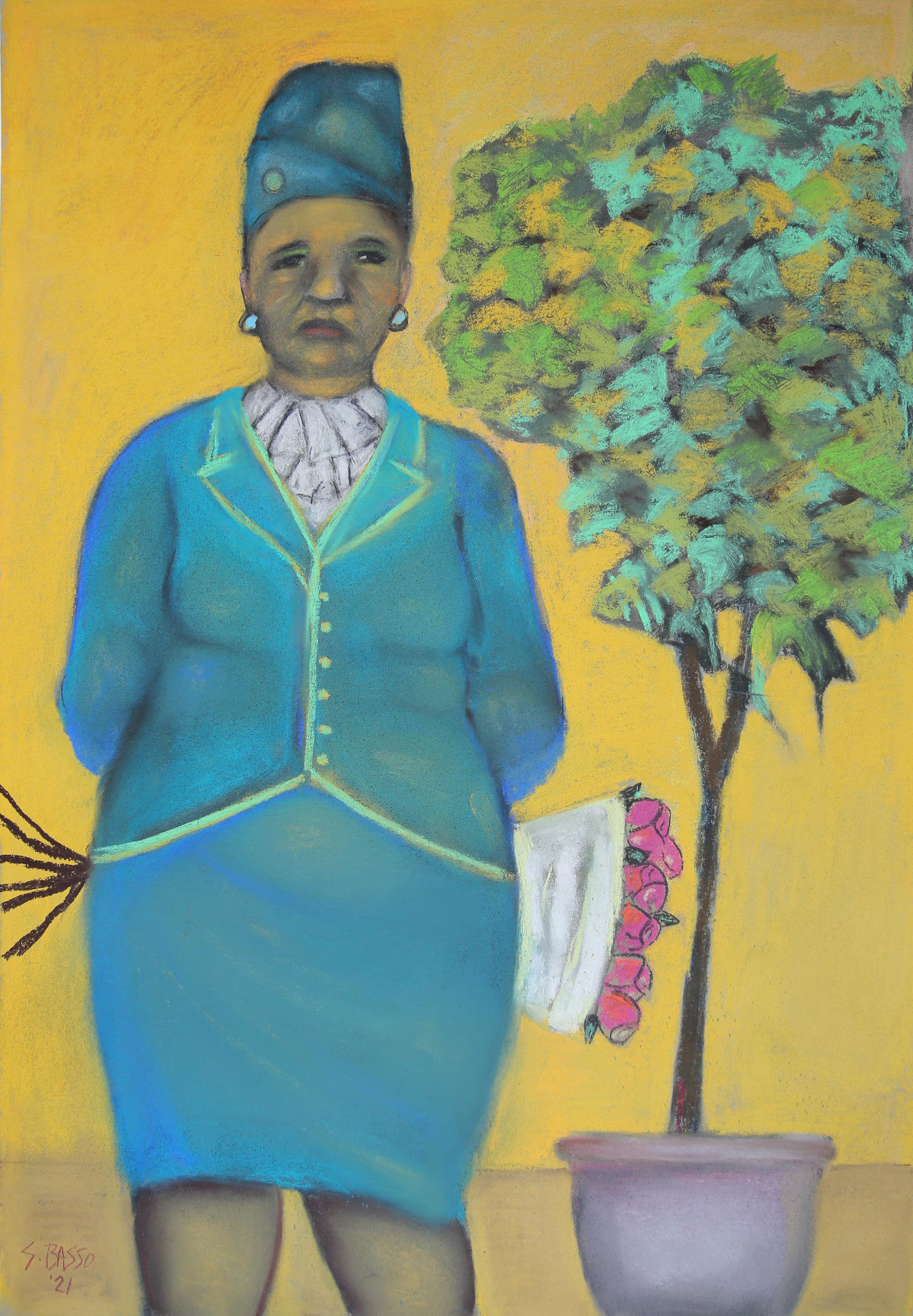 Stephen Basso Figurative Art - Bouquet Bearer bright colors blue dress yellow wall pastel women fashion flowers