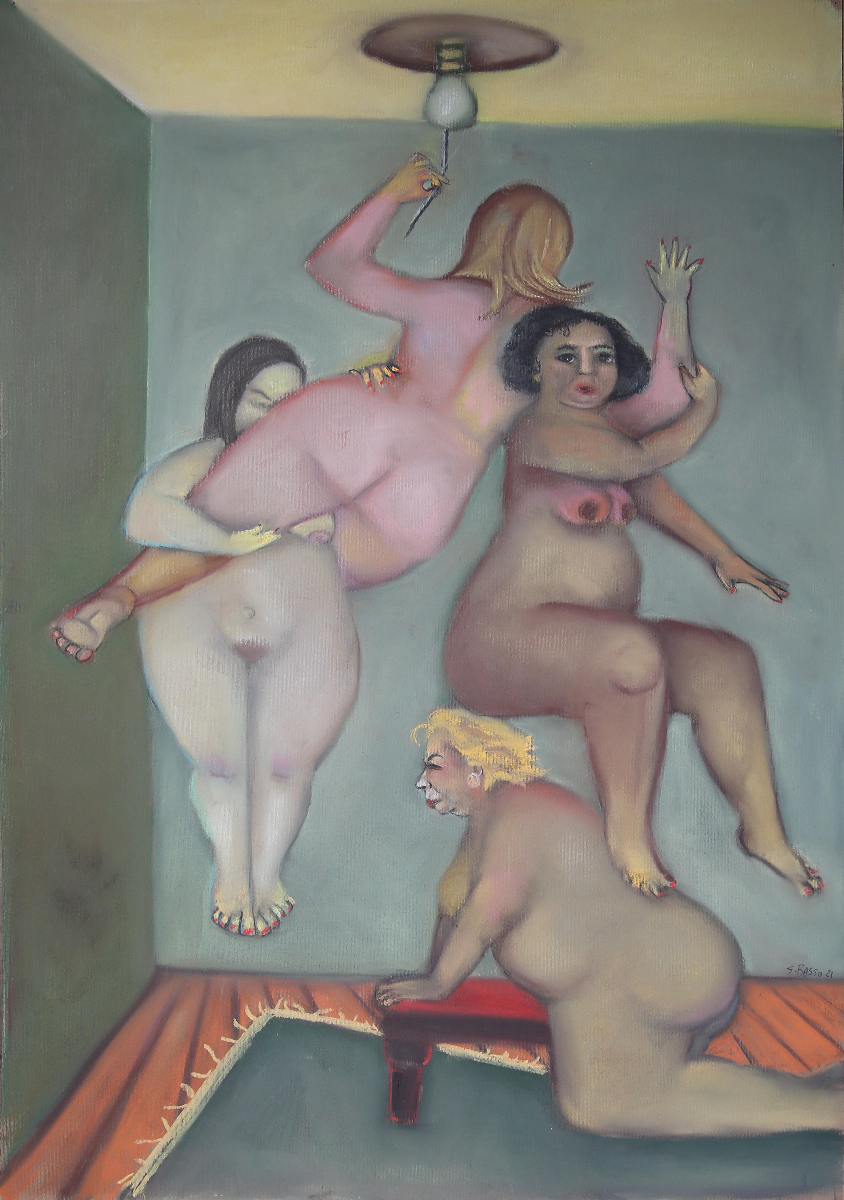 Energy Saving  Nudes multiple female Nude figures humorous overtones soft colors - Art by Stephen Basso