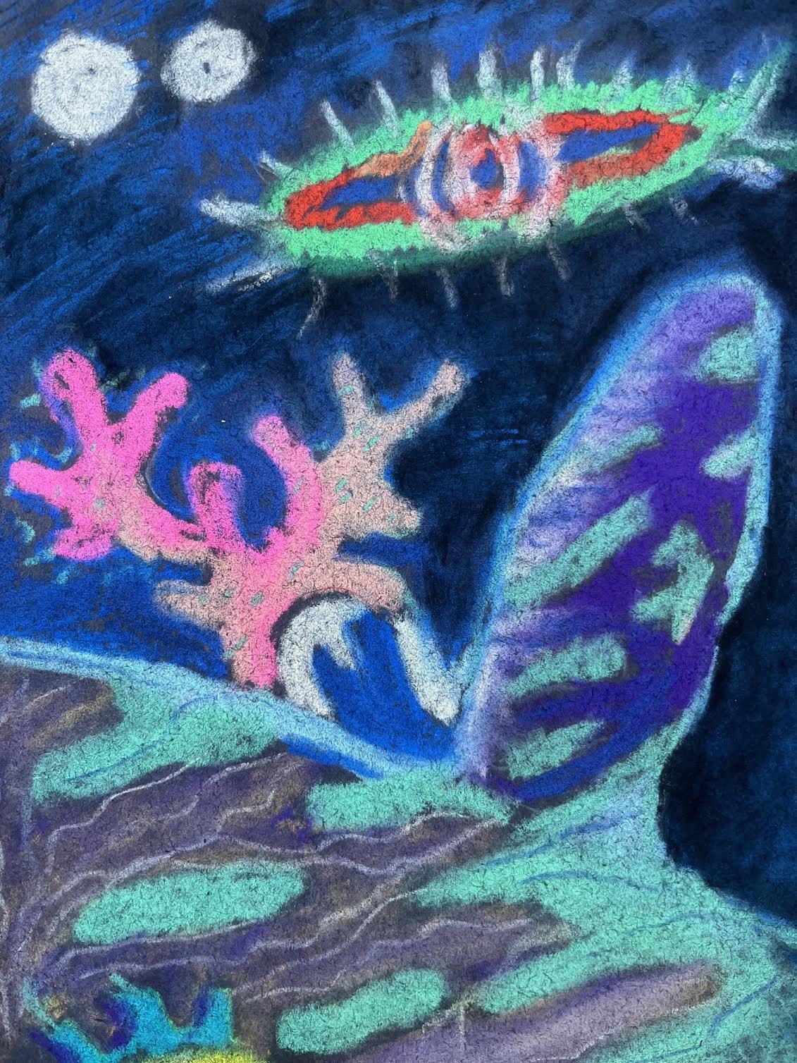 OCEAN MYSTERY , lyrical, imaginative, dark, dreamy, undersea, nautical - Blue Abstract Drawing by Philomena Marano