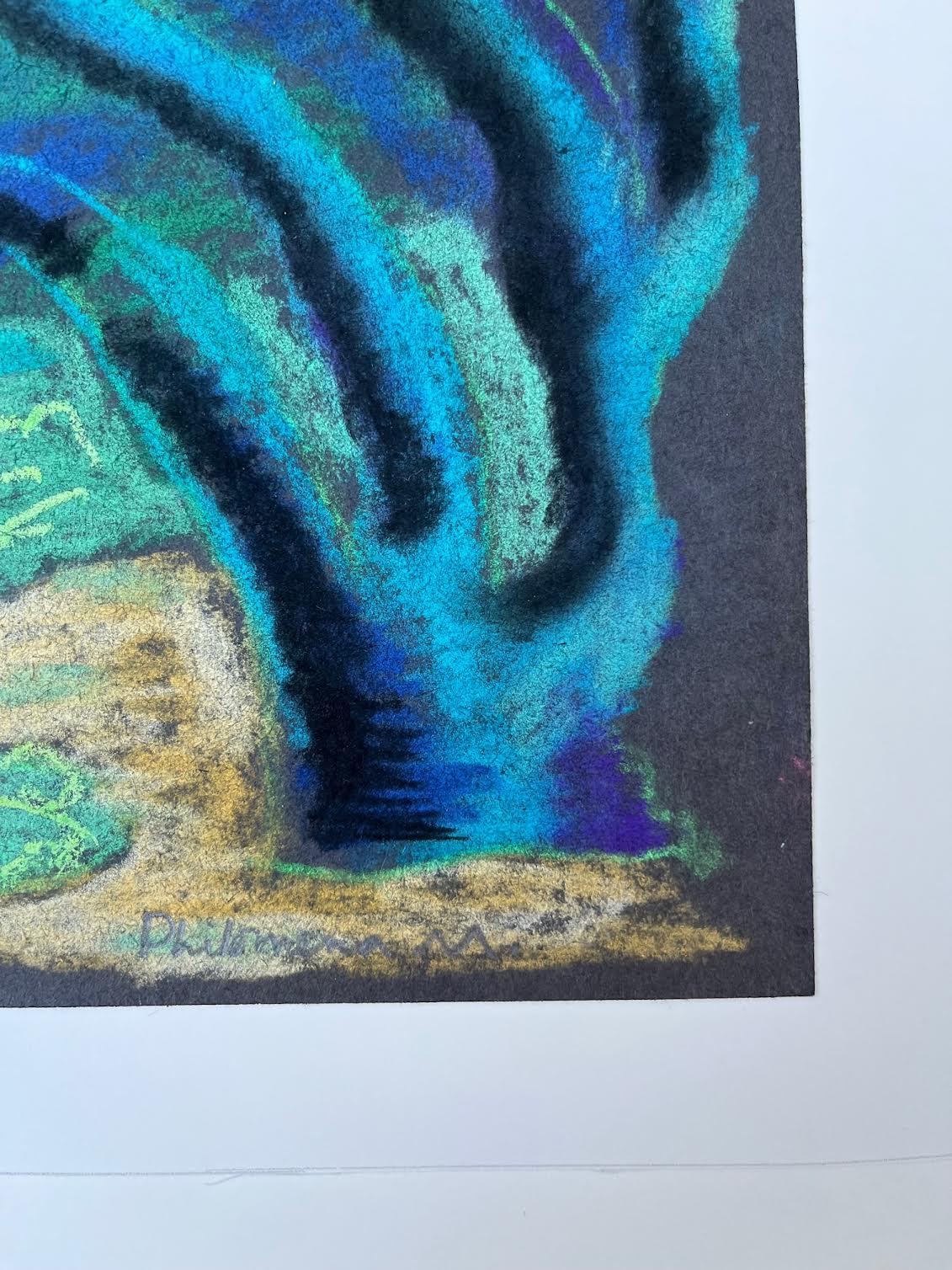Pastel drawing on black paper , dark, colorful,  playful, mysterious life beneath the sea
 Nature, Corals, sea anemones,  magical abstract  creatures, glow, undersea design, aquarium

When framing, This artwork should be matted and spacers used to