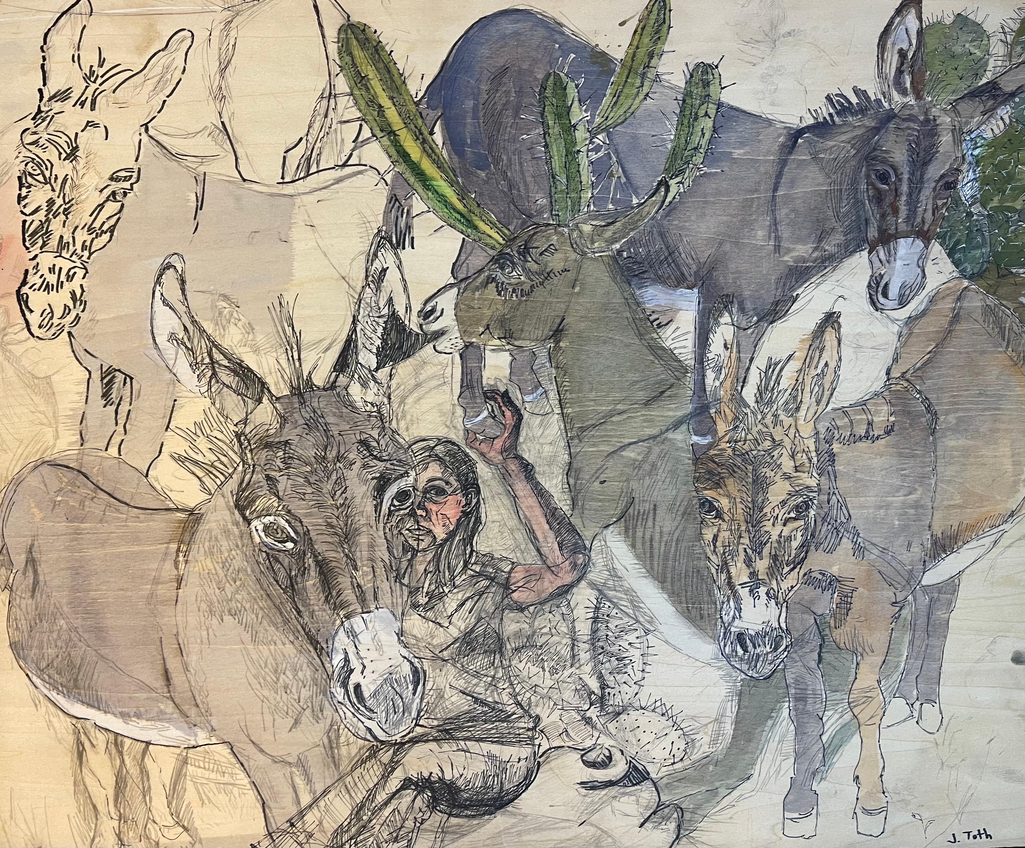 Jenny Toth Animal Art - Donkey Boogie Woogie, limited color mixed media woman animals