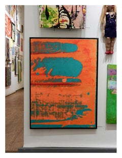 Sonnenuntergang auf Gowanus, abstraktes Gemälde, kräftige Orange- und Türkisfarben