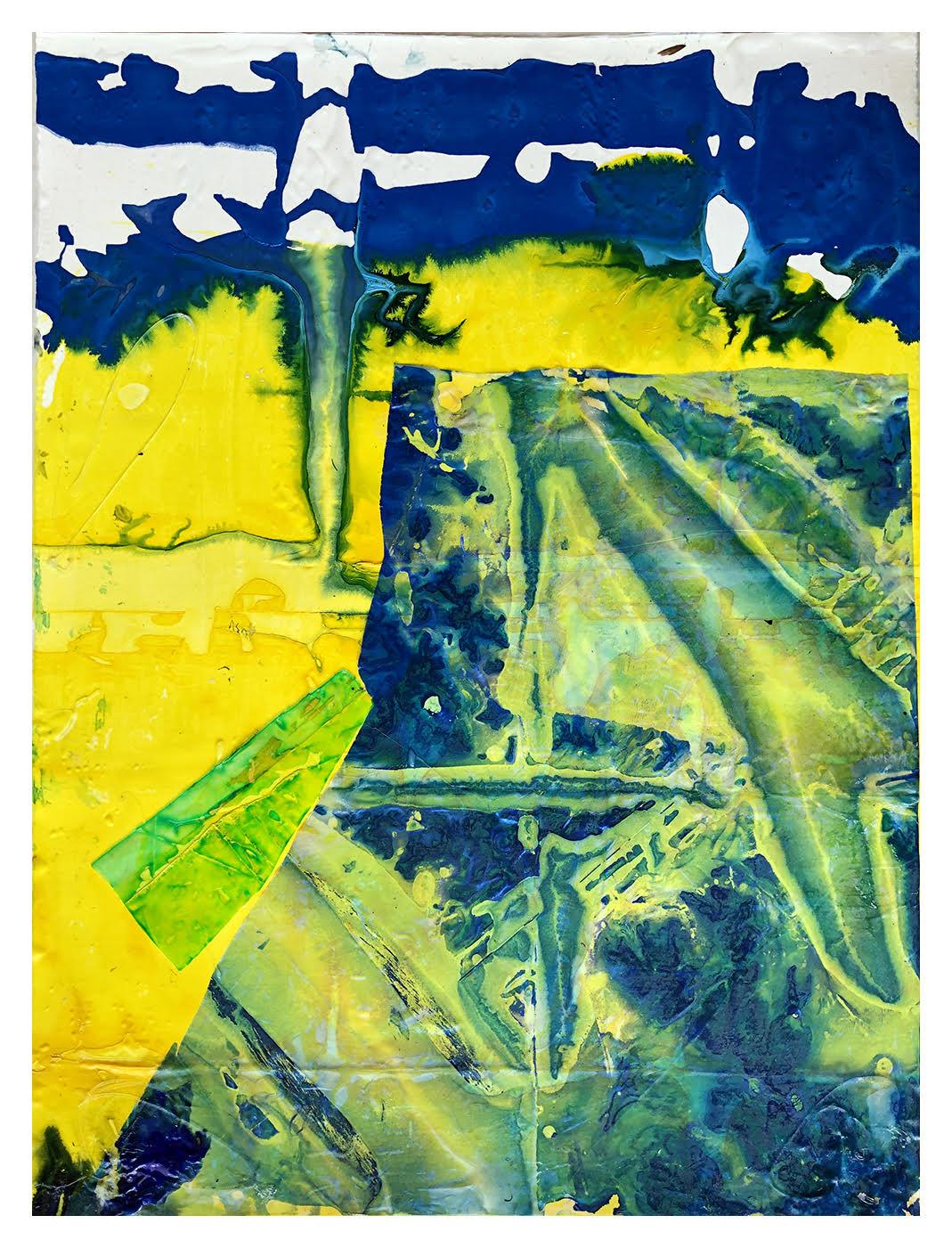 Jeffrey Kurland Abstract Drawing – Ohne Titel-#3, #abstrakiert mit Andeutung von Landschaft, grün, gelb, blau