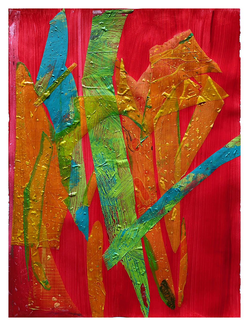 Jeffrey Kurland Landscape Painting – Ohne Titel-#1 Blau, Grün, transparentes Gelb auf leuchtendem Rot