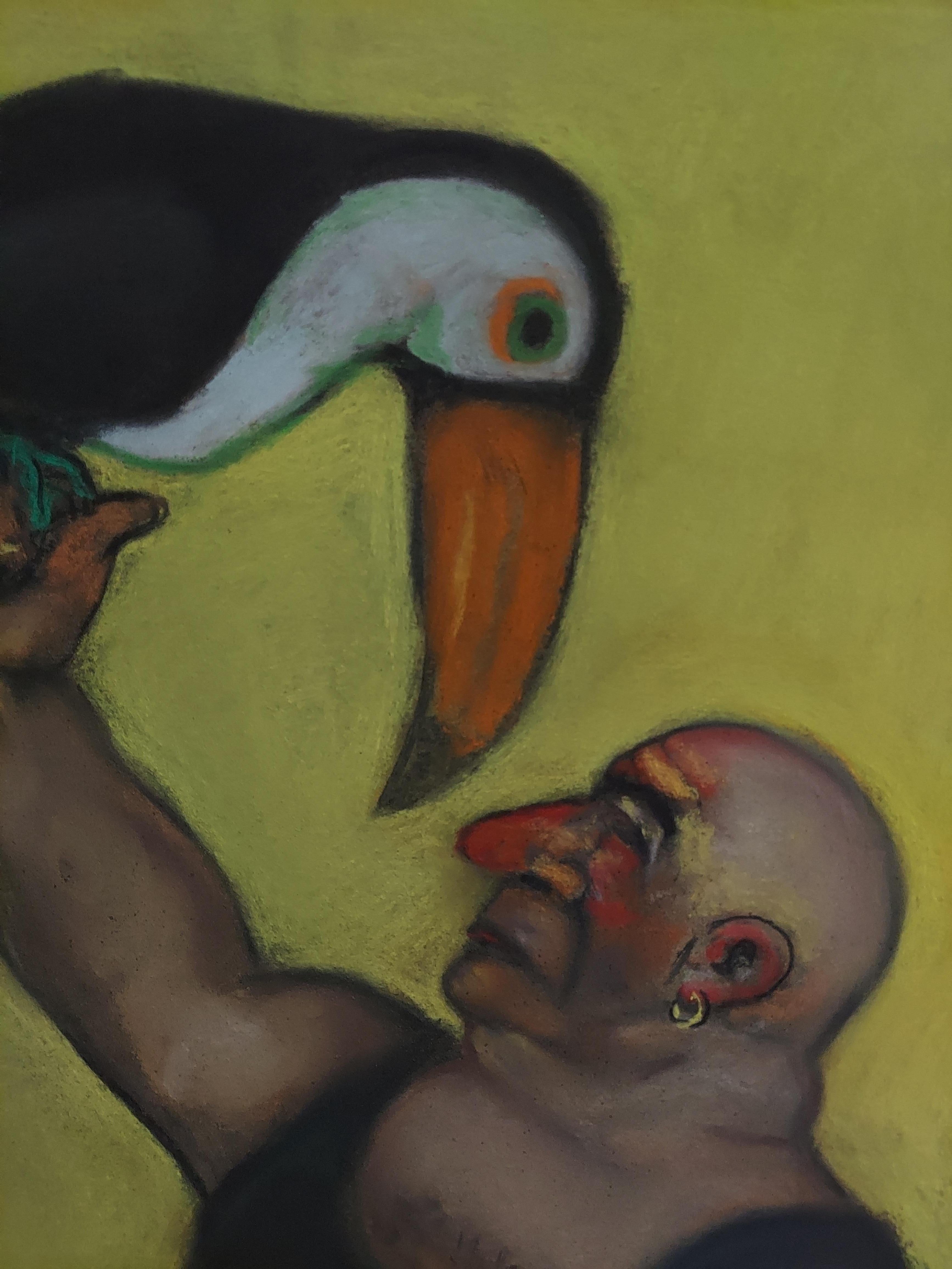 Toucan Whisperers männliche und weibliche Figuren mit toucanischen humorvollen Untertönen in weichen Farben – Art von Stephen Basso