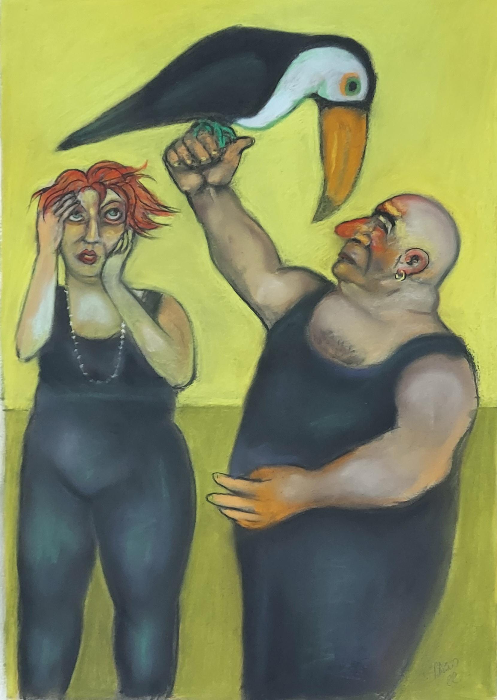 Stephen Basso Figurative Art - Toucan Whisperers male female figures with toucan humorous undertones soft color