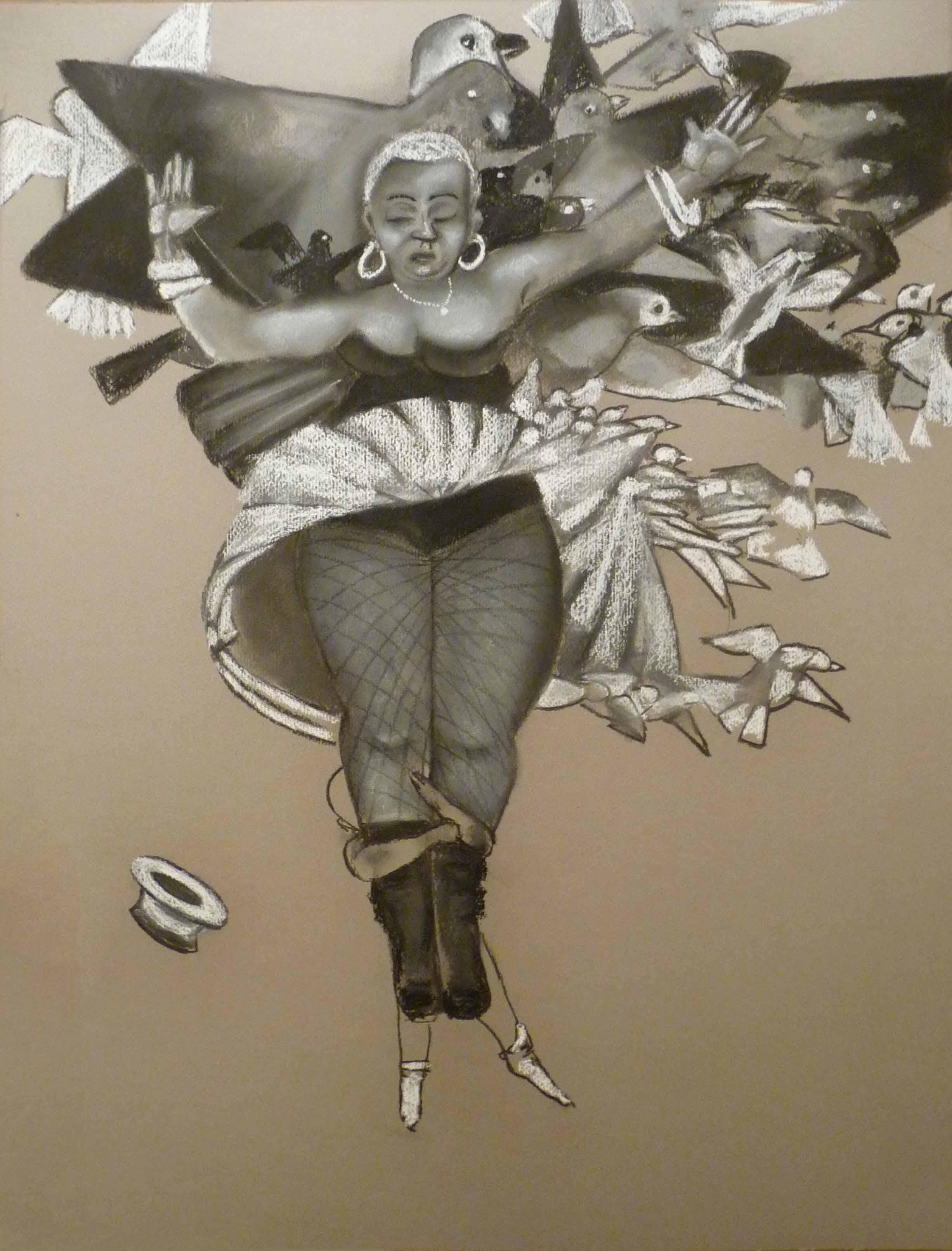 Leichter als Luft große monochromatische weibliche Figur in Holzkohle mit Vögeln in warmem Grau