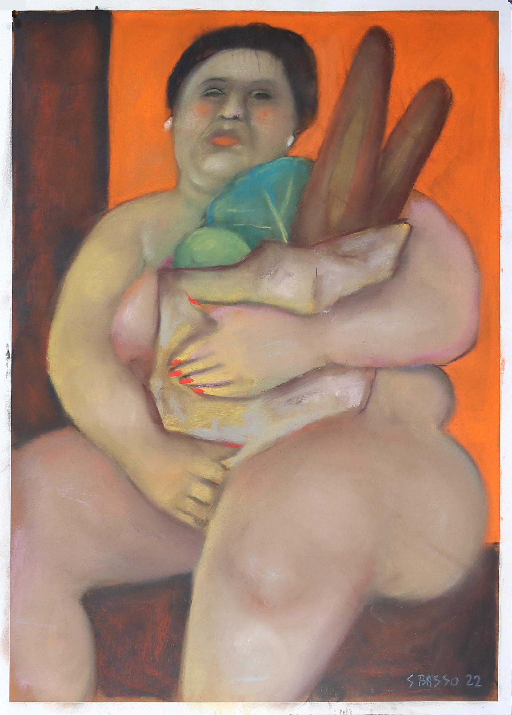 Nude Stephen Basso - Pain et choux Nu nourriture et figure féminine nue assise tons chauds de la terre