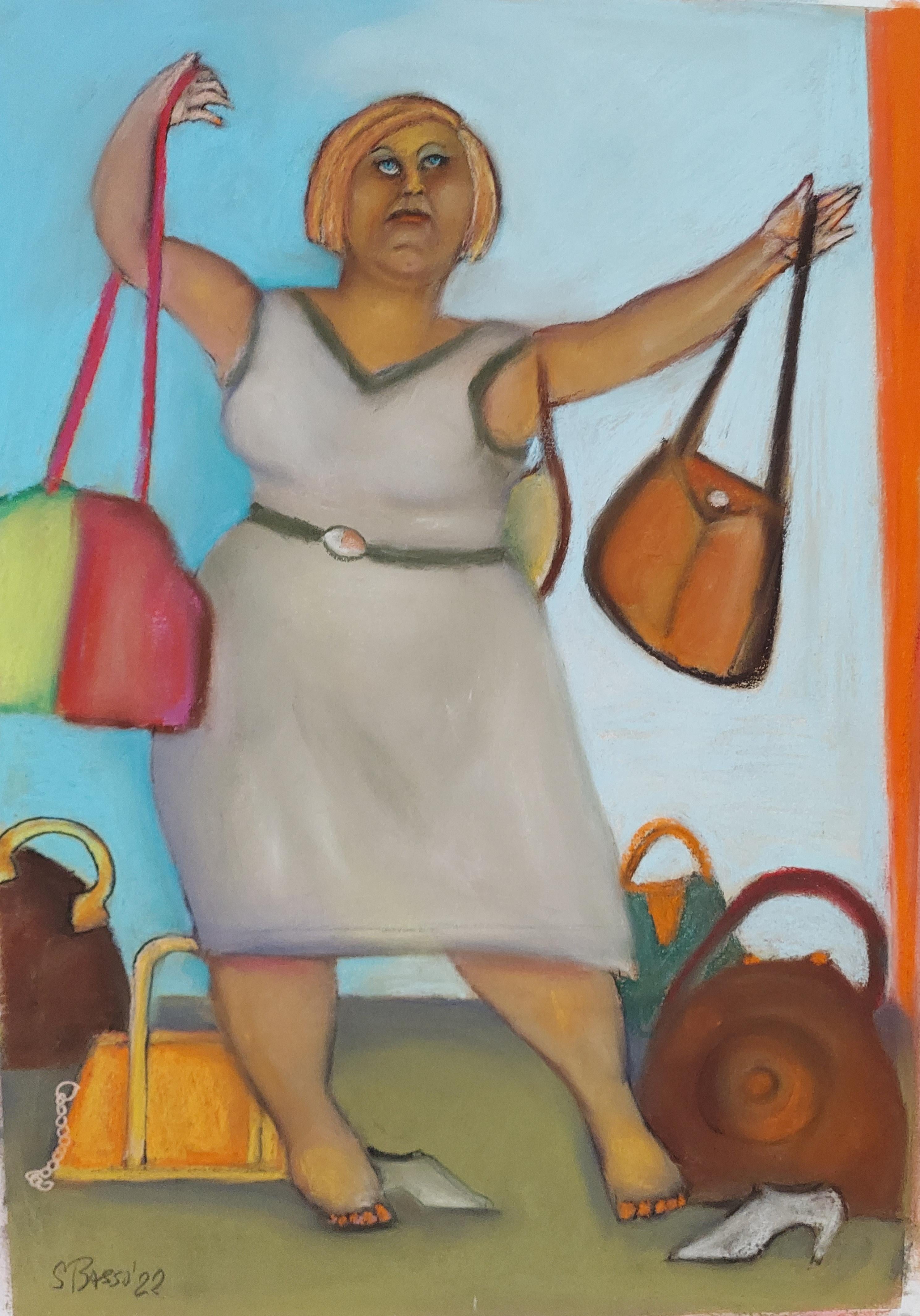 Handbag Twist single female figure with handbags humorous theme soft colors - Art by Stephen Basso