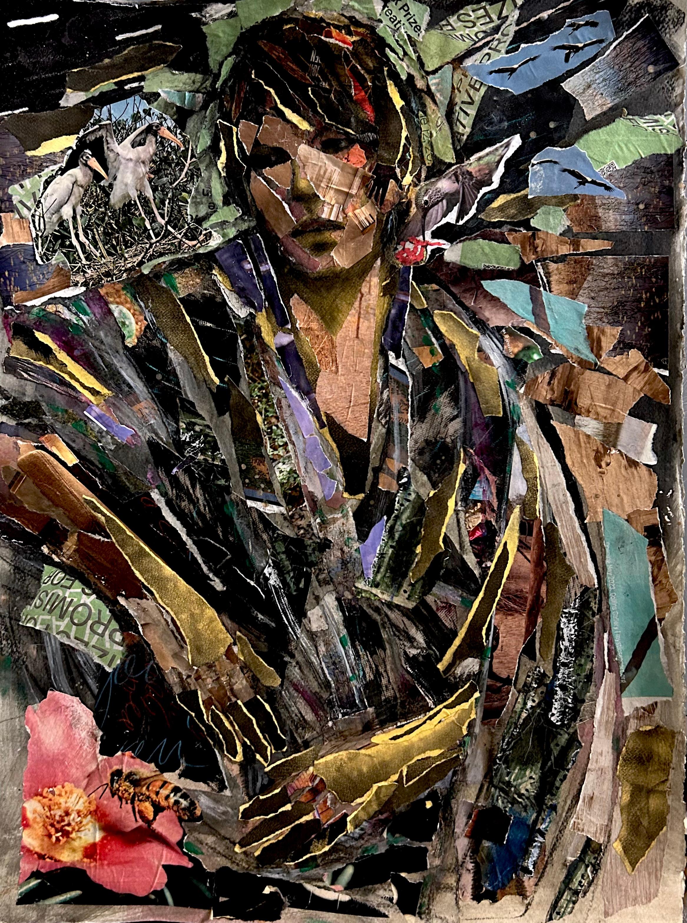 En otro lugar, figura, collage, realismo perturbado aves naturaleza