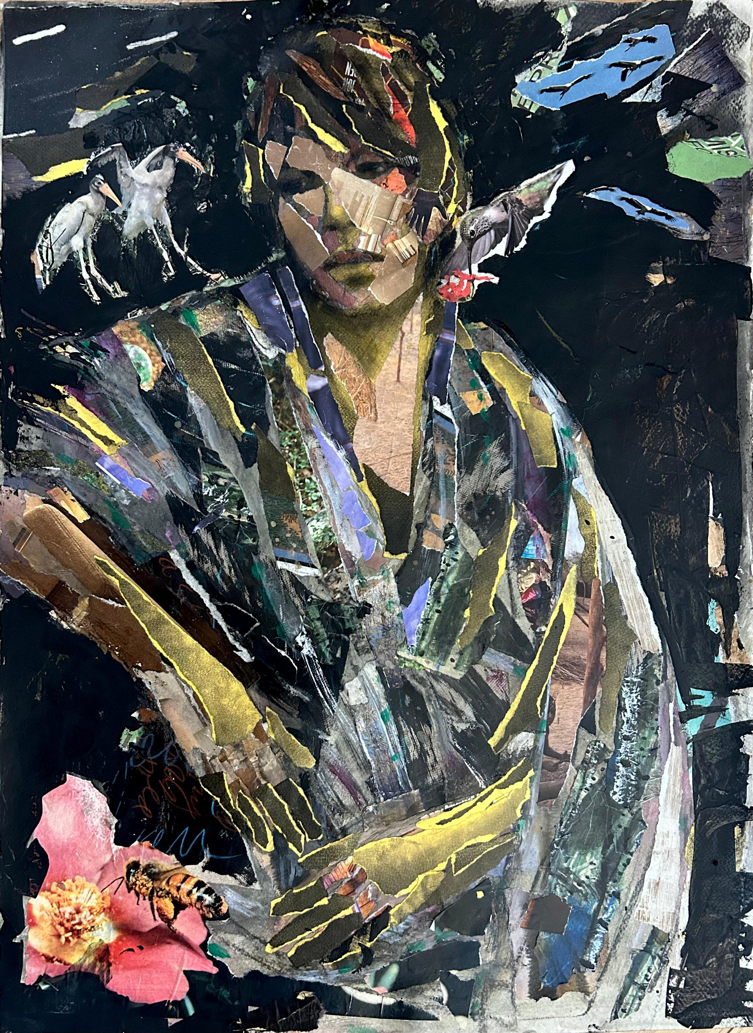 Elsewhere, figure, collage, abstract, disrupted realism birds nature