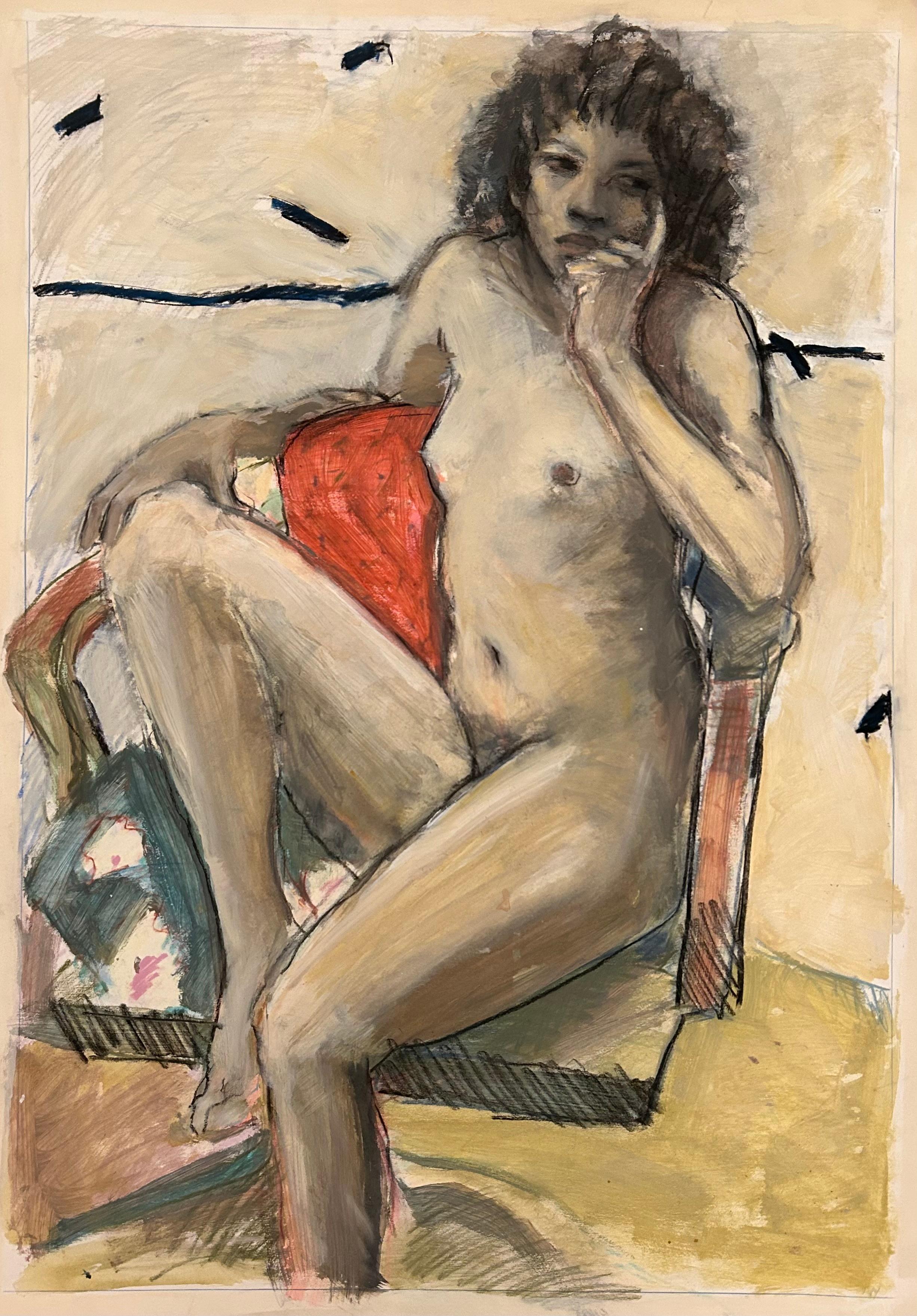 Figurative Art di Audrey Anastasi - Red Pillow, disegno a tecnica mista pastello acrilico carboncino di figura femminile, nudo