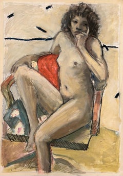 Red Pillow, mixed media pastel acrylic charcoal drawing of female figure, nude