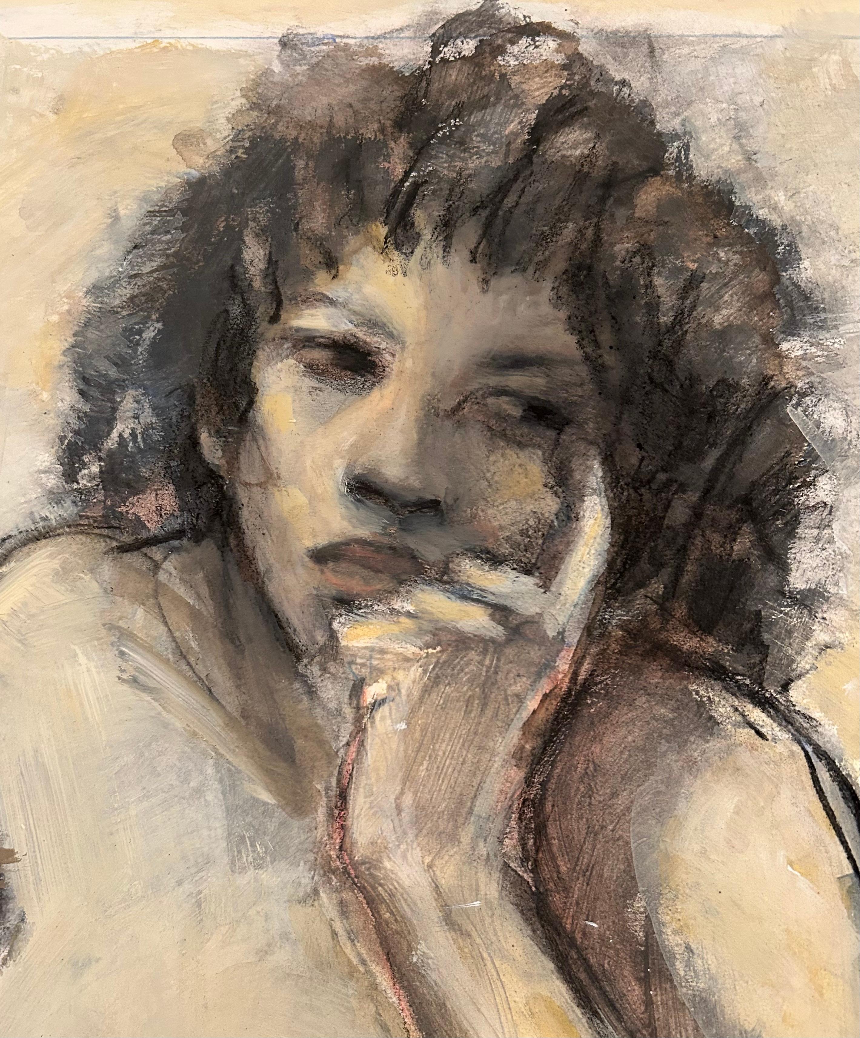 Red Pillow, disegno a tecnica mista pastello acrilico carboncino di figura femminile, nudo - Art American Modern di Audrey Anastasi
