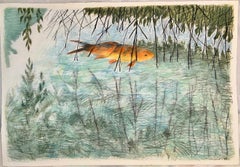 Koi, poisson doré, dessin au pastel, eau, nature, réflexion abstraite