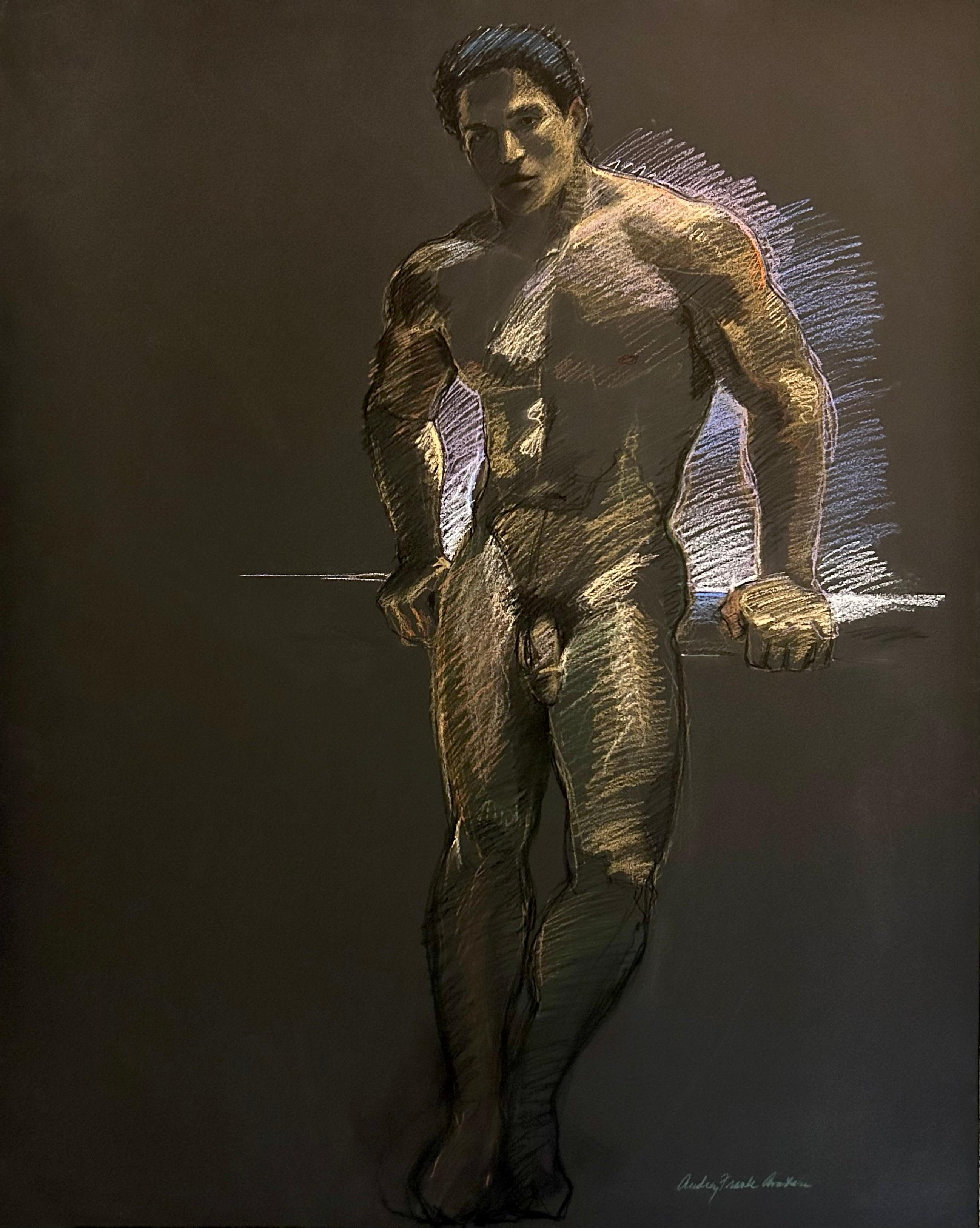 Adonis, dessin au pastel sur papier noir surdimensionné, nu masculin musclé