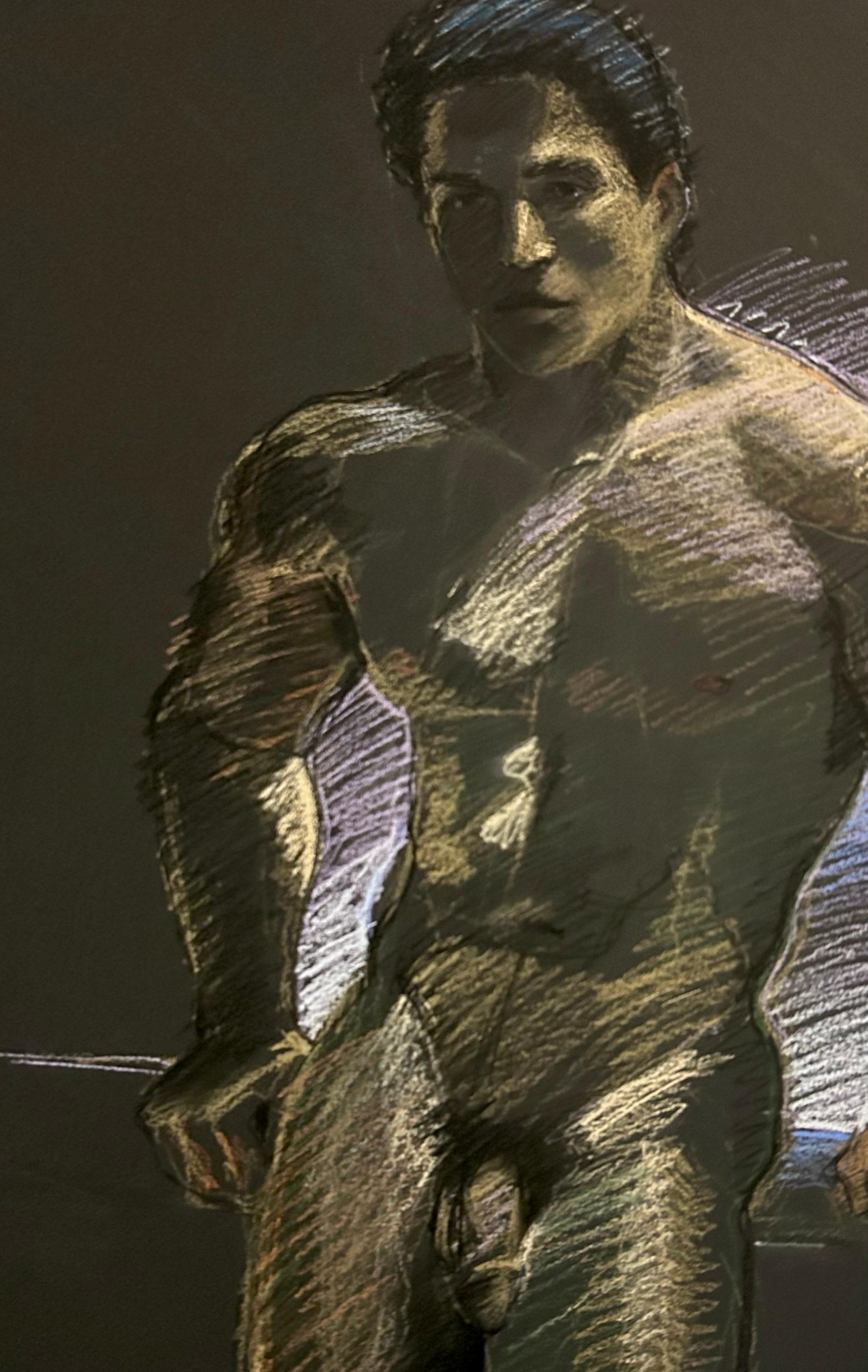 Adonis, dessin au pastel sur papier noir surdimensionné, nu masculin musclé - Art de Audrey Anastasi