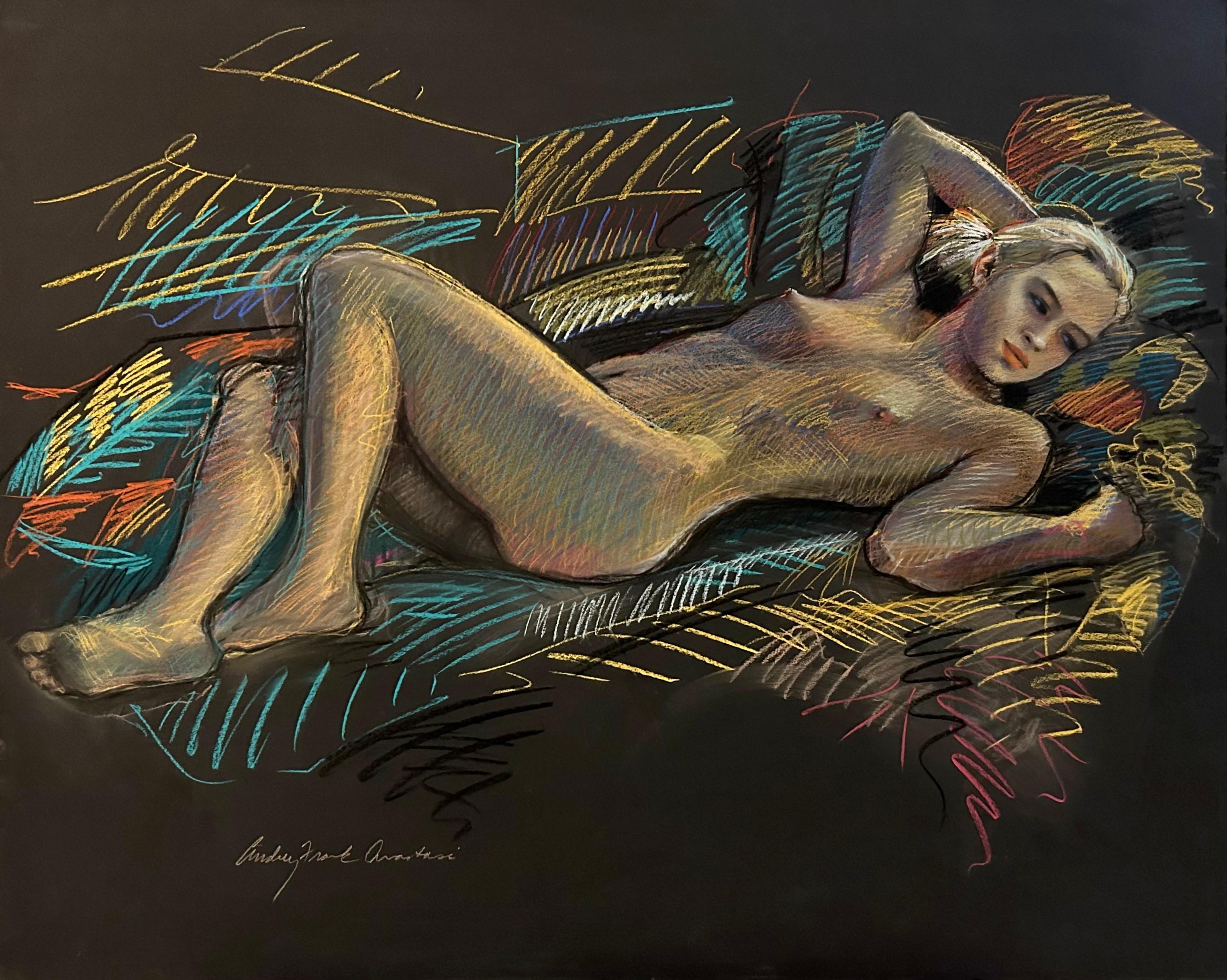 Nu couché, figure féminine dessin au pastel sur papier noir surdimensionné, coloré