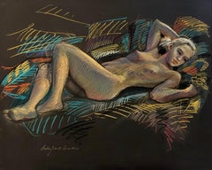 Rechteckiger Akt, weibliche Figur, Pastellzeichnung auf übergroßem schwarzem Papier, farbenfrohe