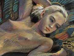 Reclining nude, female figure pastel drawing on oversize black paper, colorful