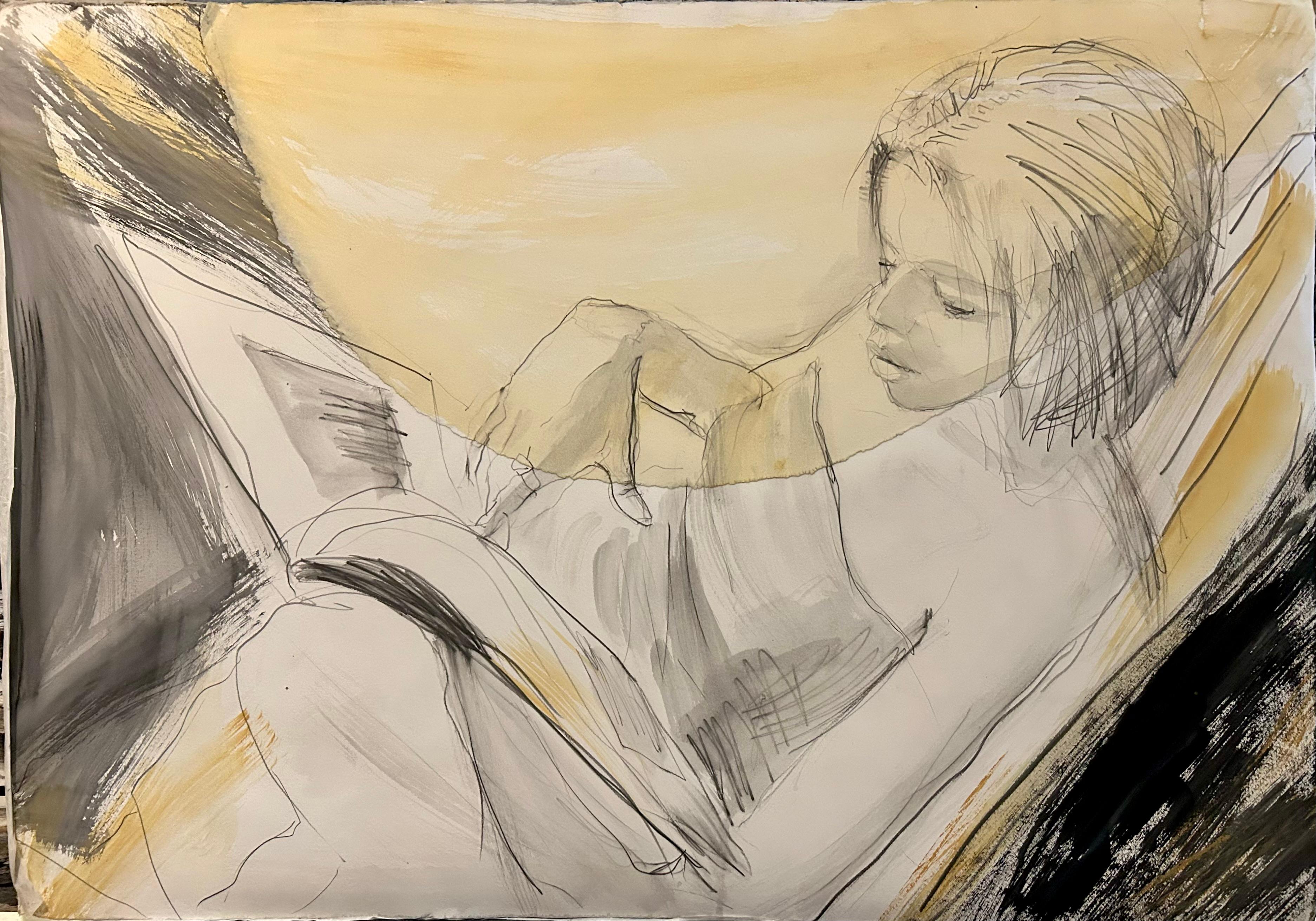 Lettore, disegno oversize di una giovane donna che legge, colore minimo