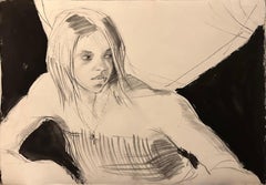 Clair de lune, dessin surdimensionné d'une jeune femme contemplative, monochrome