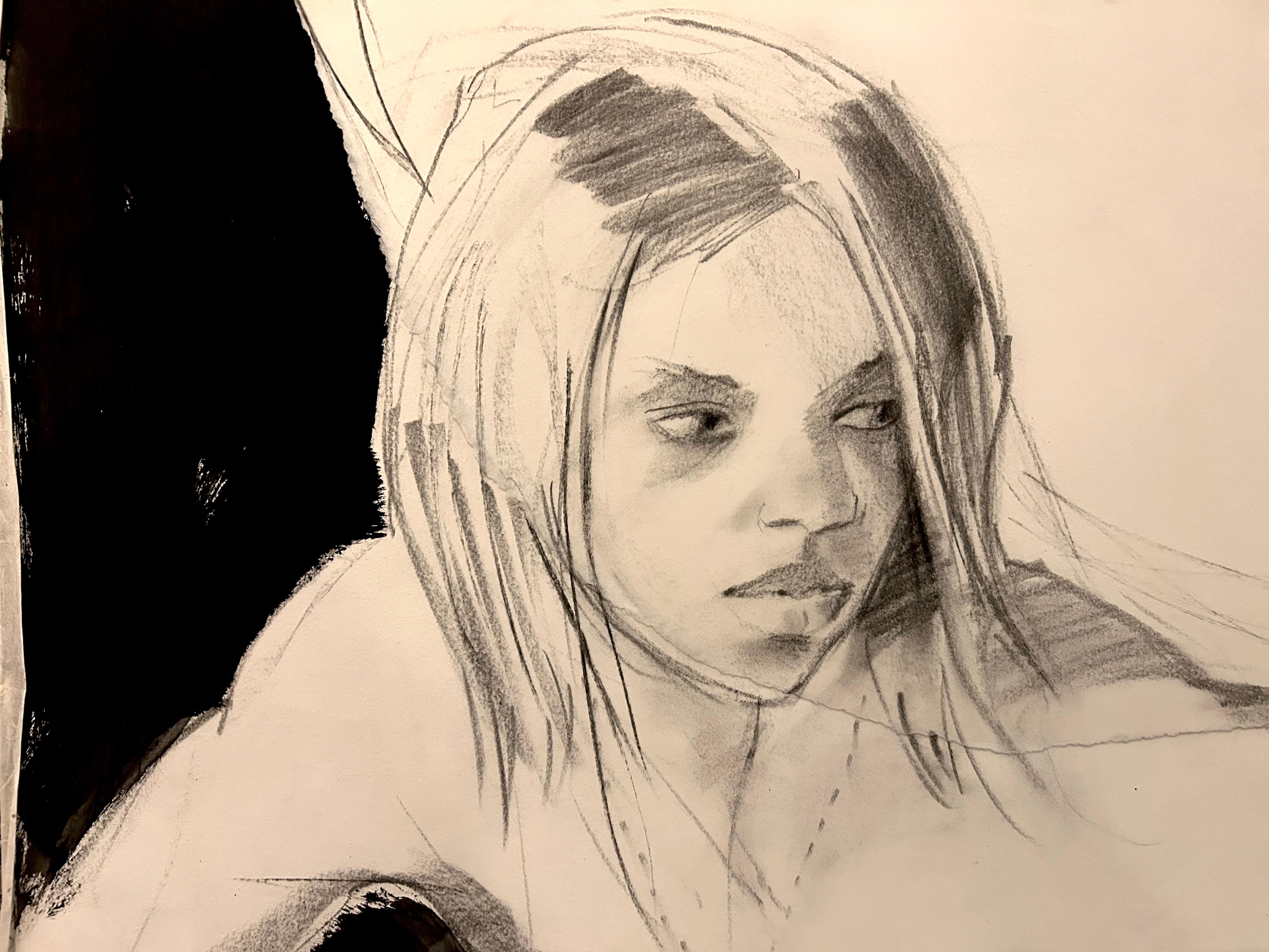 Moonlight, übergroße Zeichnung einer kontemplativen jungen Frau, monochrom – Art von Audrey Anastasi