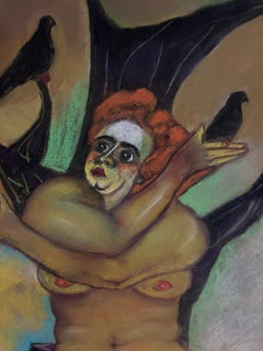 Nu jaune avec merles debout femme nue fond noir arbres et oiseaux