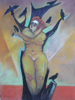 Yellow Nude with Blackbirds standing female nude black tree and bird background