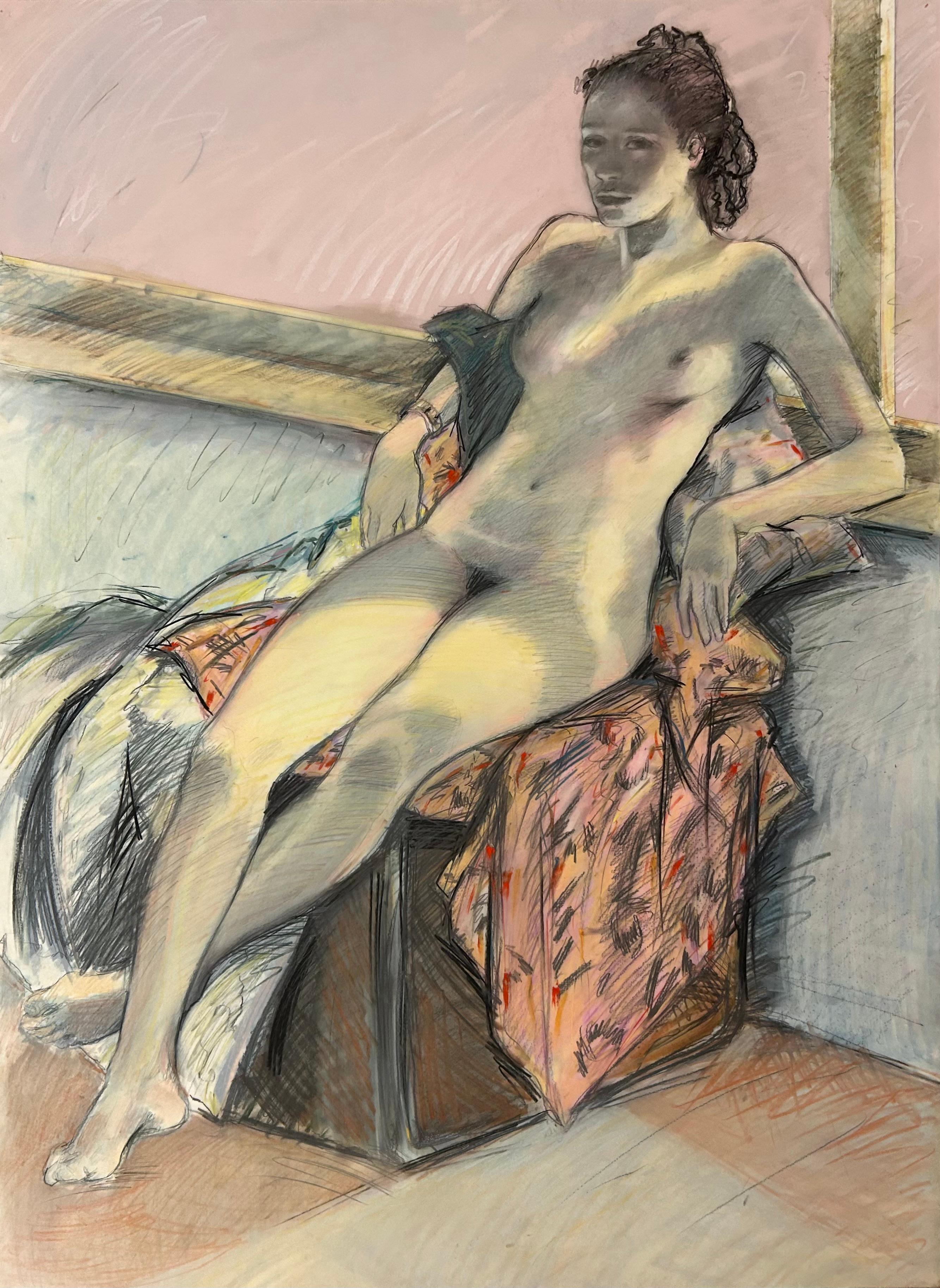 Figura por ventana, grafito, pastel, mylar, dibujo en capas de papel, mujer, desnudo