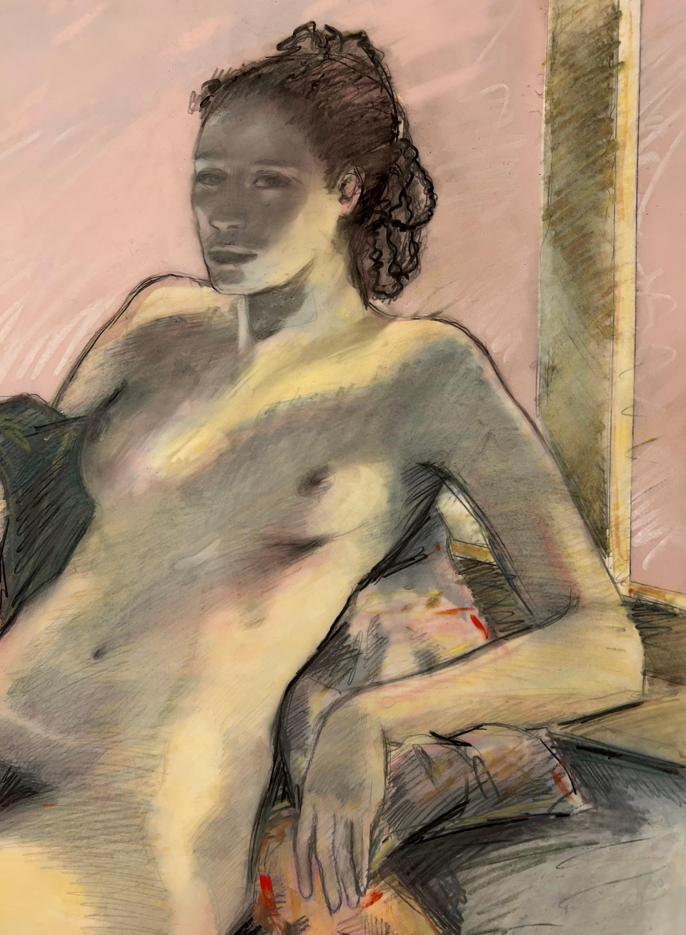 Figura por ventana, grafito, pastel, mylar, dibujo en capas de papel, mujer, desnudo - Mixed Media Art moderno estadounidense de Audrey Anastasi