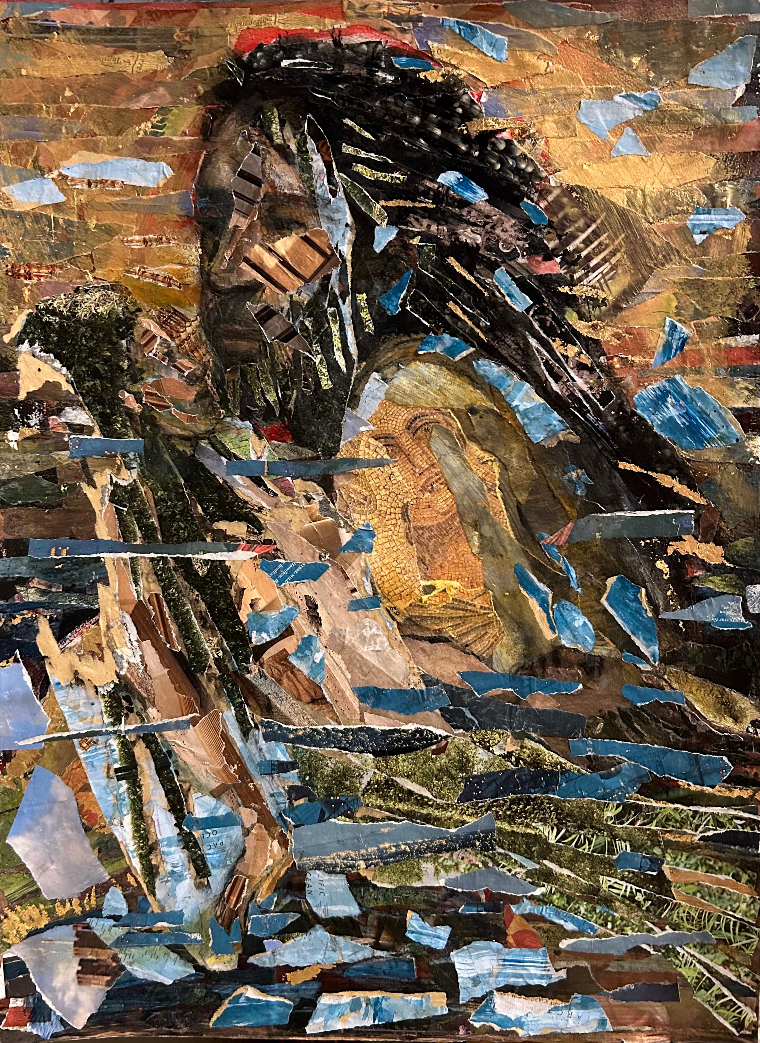 Sirena, figura maschile nuda a mosaico, collage di toni blu dorati