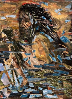 Sirena, figura maschile nuda a mosaico, collage di toni blu dorati