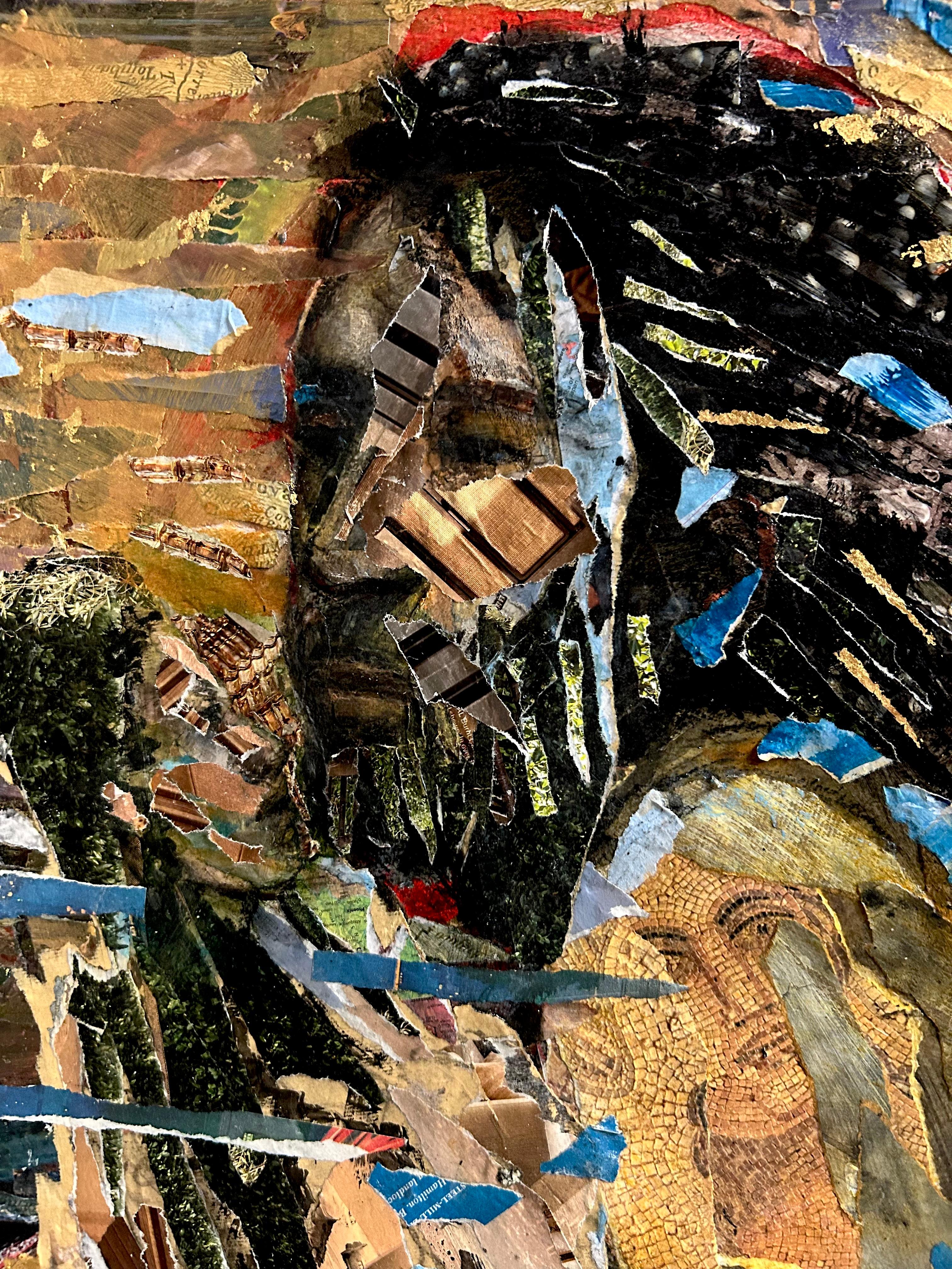 Sirena, figura maschile nuda a mosaico, collage di toni blu dorati - Art di Audrey Anastasi