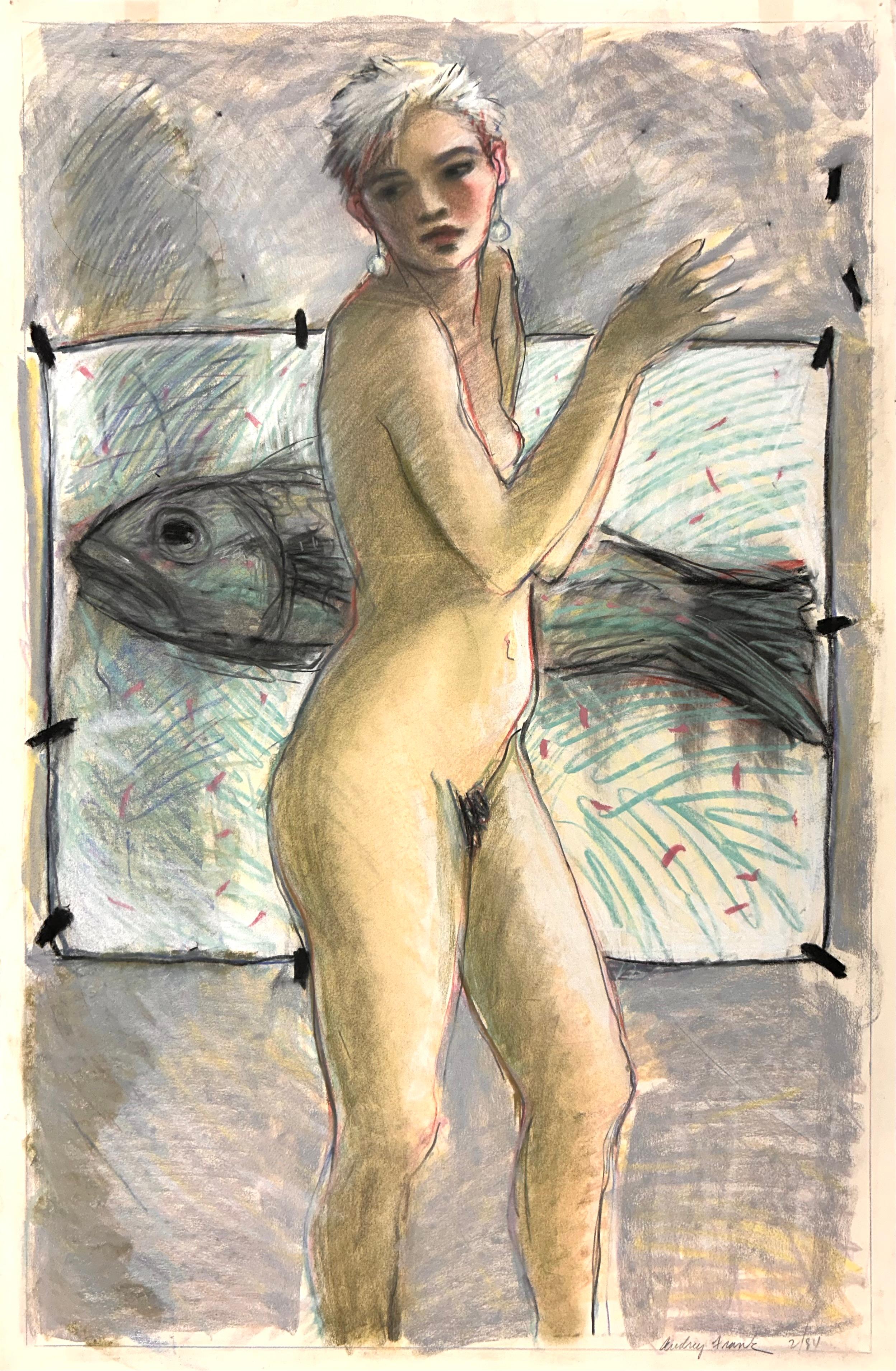 Studio Nude, female figure fish, art within art