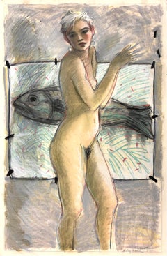 Studio Nude, female figure fish, art within art