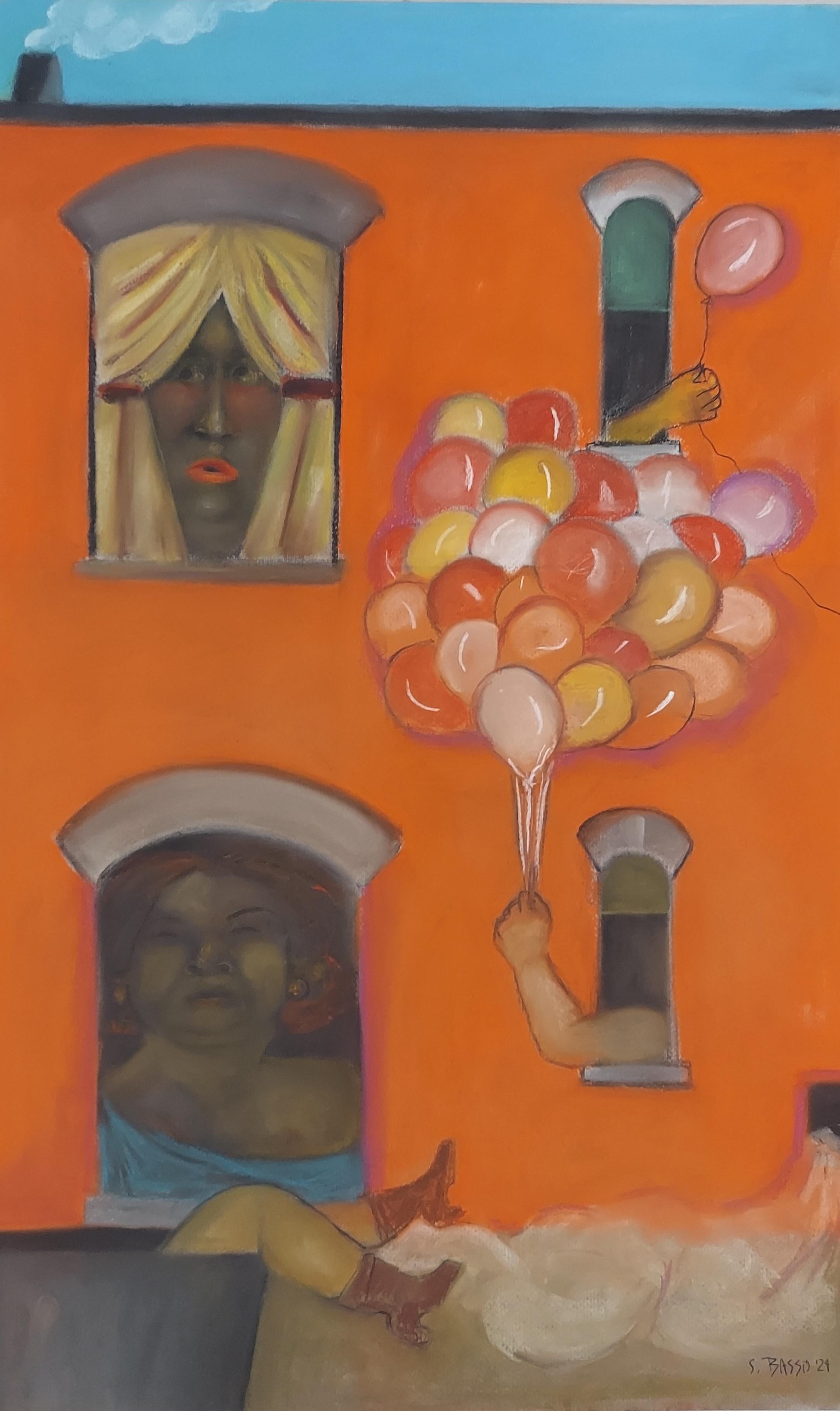 Stephen Basso Landscape Art – Ecke 9. und de Chirico surreale Stadtlandschaft warmes Schwarz Grau und Rot