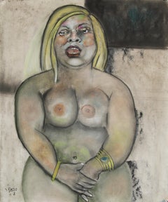 Laughing Nude three quarter frontal female nude black and white drawing