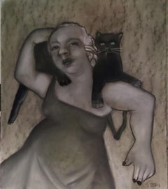 Girl and cat. Black and white charcoal drawing on Grey archival paper