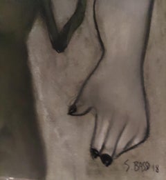 Girl and cat. Black and white charcoal drawing on Grey archival paper