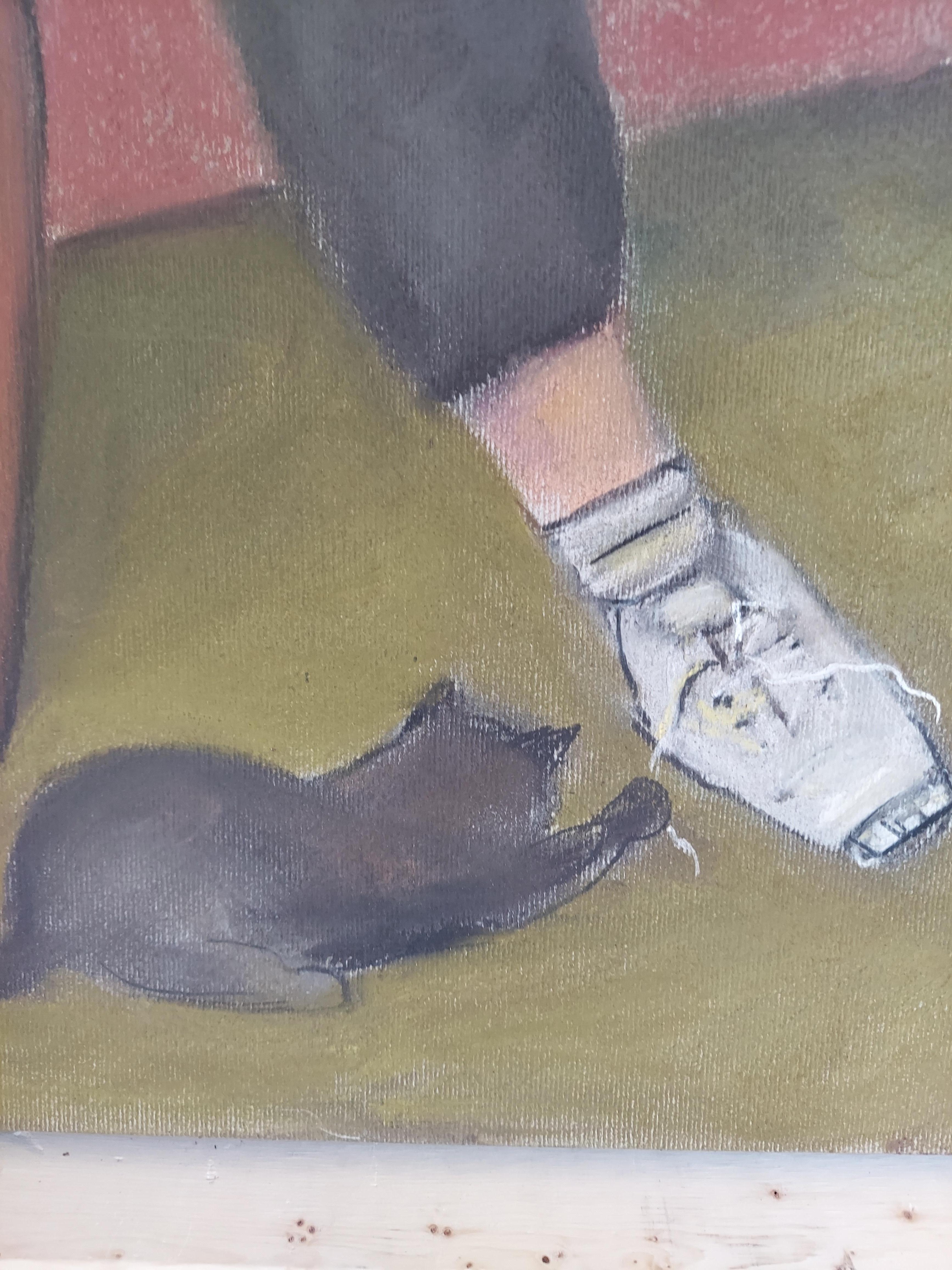 Lucky Cat Lady, farbenfrohe sitzende Frau mit sechs lebenden Kätzchen und chinesischer glücklicher Katze – Art von Stephen Basso